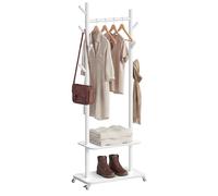 VASAGLE Perchero con Barra, 2 Estantes, Ganchos, Ruedas | Madera de caucho y MDF, Para Ropa, Bolsos, Sombreros, Blanco Nube, Colección Andi RCR053WH01