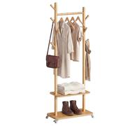 VASAGLE Perchero con Barra, 2 Estantes, Ganchos, Ruedas | Madera de caucho y MDF, Para Ropa, Bolsos, Sombreros, Tono madera, Colección Andi RCR053YK01