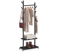 VASAGLE Perchero con Barra, 2 Estantes, Ganchos, Ruedas | Madera de caucho y MDF, Para Ropa, Bolsos, Sombreros, Negro Tinta, Colección Andi RCR053BH01