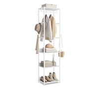 VASAGLE Perchero con Barra, 4 Estantes, Ganchos, Patas Ajustables | Acero y tablero de partículas, Para Ropa, Bolsos, Sombreros, Blanco Mate y Blanco Nube, Colección Barnet RCR061WC02