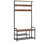 VASAGLE Perchero con Zapatero, 9 Ganchos Extraíbles, 30 x 85 x 180,5 cm | Mueble Recibidor, Banco, Estante, Industrial, Pasillo, Dormitorio, Marrón Rústico y Negro, Colección DACEY HSR409B01