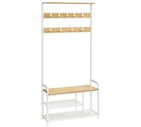 VASAGLE Perchero con Zapatero, 9 Ganchos Extraíbles, 30 x 85 x 180,5 cm | Mueble Recibidor, Banco, Estante, Tradicional, Pasillo, Dormitorio, Roble Dorado y Blanco Mate, Colección DACEY HSR409W09