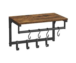 VASAGLE Perchero de pared, con 8 ganchos y estante, 40 x 24 x 24 cm | Mueble de entrada, vestuario, para salón, pasillo, dormitorio, marrón rústico y negro, Colección COLEX LCR103B01
