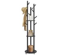 VASAGLE Perchero de Pie, Perchero con 11 Ganchos y 3 Estantes, 4 Ruedas Giratorias de 360° y Extraíbles, Ganchos y Postes de Madera, para Entrada Dormitorio Salón, Negro Tinta RCR023B01