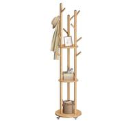 VASAGLE Perchero de Pie, Perchero con 11 Ganchos y 3 Estantes, 4 Ruedas Giratorias de 360° y Extraíbles, Ganchos y Postes de Madera, para Entrada Dormitorio Salón, Natural RCR023YK01
