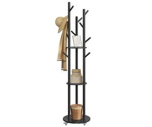 VASAGLE Perchero de Pie, Perchero con 11 Ganchos y 3 Estantes, 4 Ruedas Giratorias de 360° y Extraíbles, Ganchos y Postes de Madera, para Entrada Dormitorio Salón, Negro Tinta RCR023B01