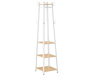 VASAGLE Perchero Moderno con 4 Estantes, Ganchos y Barra de Ropa | Perchero Escalera, Estructura de Acero, Roble Dorado y Blanco Mate, Colección BARNET LCR080W09
