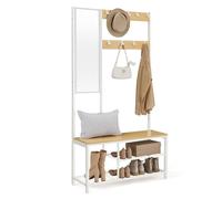 VASAGLE Perchero, Mueble Recibidor con Ganchos, Espejo, Banco Zapatero | Estantes, 98 x 36 x 185 cm, para Pasillo Dormitorio Salón, Roble Dorado y blanco mate, Colección DACEY HSR050W09