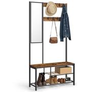 VASAGLE Perchero, Mueble Recibidor con Ganchos, Espejo, Banco Zapatero y Estantes, 36 x 98 x 185 cm, para Pasillo Dormitorio Salón, Marrón Rústico y Negro HSR050B01