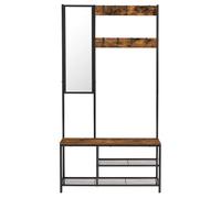 VASAGLE Perchero, Mueble Recibidor con Ganchos, Espejo, Banco Zapatero y Estantes, 36 x 98 x 185 cm, para Pasillo Dormitorio Salón, Marrón Rústico y Negro/Roble y Blanco Marrón Rústico y Negro