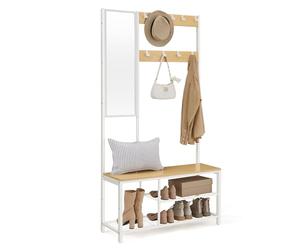 VASAGLE Perchero, Mueble Recibidor con Ganchos, Espejo, Banco Zapatero y Estantes, 36 x 98 x 185 cm, para Pasillo Dormitorio Salón, Roble y Blanco HSR050W09