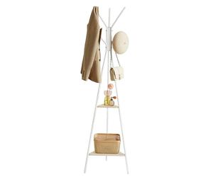 VASAGLE Perchero, Perchero para Abrigos, Perchero para Sombreros y Abrigos, Estilo Industrial, con 2 Estantes, para Ropa, Sombrero, Bolsa, Blanco Perla y Beige Natural RCR016N01