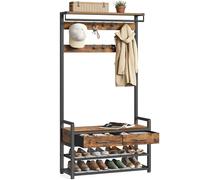 VASAGLE Perchero Recibidor, Banco Zapatero con 10 Ganchos y 2 Cajones | Mueble de Entrada, Diseño Separable, 80,4 x 30 x 181,6 cm, Marrón Rústico y Negro Mate, Colección DACEY HSR429B01