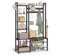 VASAGLE Perchero Recibidor con Banco Zapatero, 7 Estantes y 9 Ganchos | Para Ropa, 6 Ganchos Laterales, 120 x 40 x 190 cm, Gris Carbón y Negro Mate, Colección DACEY HSR426B04