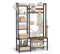 VASAGLE Perchero Recibidor con Banco Zapatero y 5 Estantes de Almacenaje, 9 Ganchos para Ropa y 6 Ganchos Laterales, 40 x 120 x 190 cm, Marrón Rústico y Negro Tinta HSR426B01