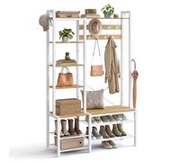 VASAGLE Perchero Recibidor con Banco Zapatero y 5 Estantes de Almacenaje, 9 Ganchos para Ropa y 6 Ganchos Laterales, 40 x 120 x 190 cm, Roble Dorado y Blanco Nube HSR426Y01