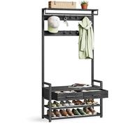 VASAGLE Perchero Recibidor, Mueble de Entrada con 10 Ganchos Extraíbles, 2 Cajones, Banco Zapatero, Diseño Separable, 30 x 80,4 x 181,6 cm, Gris Carbón y Negro Tinta HSR429B04