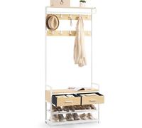 VASAGLE Perchero Recibidor, Mueble de Entrada con 10 Ganchos Extraíbles, 2 Cajones, Banco Zapatero, Diseño Separable, 30 x 80,4 x 181,6 cm, Roble Dorado y Blanco Mate HSR429YA01