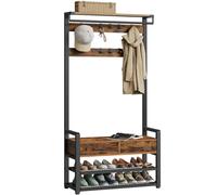 VASAGLE Perchero Recibidor, Mueble de Entrada con 10 Ganchos Extraíbles, 2 Cajones, Banco Zapatero, Diseño Separable, 30 x 80,4 x 181,6 cm, Marrón Rústico y Negro Tinta/Gris Carbón y Negro/Roble Marró