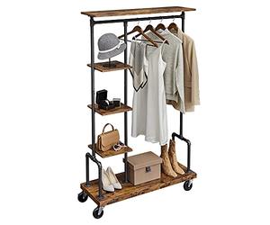 VASAGLE, Perchero sobre Ruedas, de 5 Niveles con Tubos de Metal, Marrón Rústico HSR66BXV1