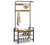 VASAGLE Perchero Zapatero, 4 en 1, 9 Ganchos, 73,6 x 34 x 183,5 cm | Perchero con Banco Recibidor, Barra Superior, para Entrada Pasillo, Industrial, Marrón y Negro, Colección DACEY HSR040B41