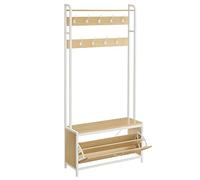 VASAGLE Perchero Zapatero con Banco, 9 Ganchos, Estante Superior | Recibidor Estilo Moderno, Pasillo, Dormitorio, Salón, Roble Dorado y Blanco Mate, Colección BARNET HSR405W09