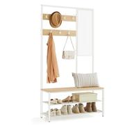 VASAGLE Perchero Zapatero con Ganchos, Espejo, Banco Zapatero y Estantes | Perchero Recibidor, 35 x 98 x 180 cm, Pasillo Dormitorio Salón, Moderno, Roble y Blanco Nube, Colección DACEY HSR415W09