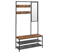 VASAGLE Perchero Zapatero con Ganchos, Espejo, Banco Zapatero y Estantes | Perchero Recibidor, 98x35x180 cm, Pasillo Dormitorio Salón, Tradicional, Marrón Rústico y Negro, Colección DACEY HSR415B01