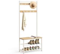 VASAGLE Perchero Zapatero, Perchero con Banco Recibidor, 3 en 1, Estructura de Acero, para Entrada Pasillo, 32 x 70 x 177 cm, Estilo Moderno, Roble y Crema HSR041W09