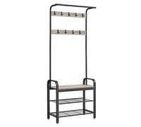 VASAGLE Perchero Zapatero, Perchero con Banco Recibidor, 4 en 1, 9 Ganchos Extraíbles, Barra Superior, para Entrada Pasillo, 33,7 x 72 x 183 cm, Industrial, Greige y Negro HSR40MB