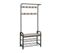 VASAGLE Perchero Zapatero, Perchero con Banco Recibidor, 4 en 1, 9 Ganchos Extraíbles, Barra Superior, para Entrada Pasillo, 33,7 x 84 x 183 cm, Industrial, Greige y Negro HSR400B02