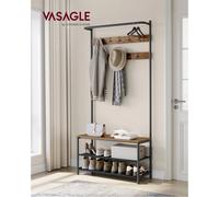 VASAGLE Perchero Zapatero, Perchero Recibidor, con Banco Zapatero, 9 Ganchos Extraíbles, Barra Superior, 32,2 x 84 x 180 cm, Entrada Dormitorio, Industrial, Marrón Rústico y Negro Negro