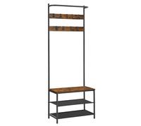 VASAGLE Perchero Zapatero, Perchero Recibidor, con Banco Zapatero, 9 Ganchos ExtraÍbles, Barra Superior, 32,2 x 64 x 180 cm, Entrada Dormitorio, Industrial, Marrón Rústico y Negro/Greige y Negro, Grei