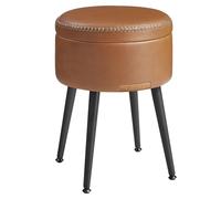 VASAGLE Puff Almacenaje, Taburete de Tocador, Piel Sintética | Asiento Redondo con Costura, Moderno Siglo Mediado, Patas de Acero, Carga 150 kg, Marrón y Negro, Colección EKHO LOM005K01