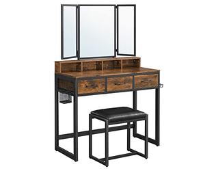 VASAGLE RVT004B01 - Conjunto de Armario Inferior con Taburete tapizado, 3 cajones, Soporte para secador de Pelo, tocador, Estilo Industrial, rústico, marrón y Negro