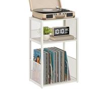 VASAGLE Soporte para tocadiscos, mesa auxiliar de 3 niveles, almacenamiento de discos de vinilo de hasta 100 álbumes, mesa auxiliar para sala de estar, dormitorio, blanco rústico ULET275W01