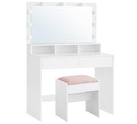 VASAGLE Tocador con 2 Cajones, 3 Compartimentos Abiertos e Iluminación LED | Taburete de Maquillaje de Terciopelo, Luminosidad Regulable, Moderno, Blanco, Blanco Mate y Rosa Jalea