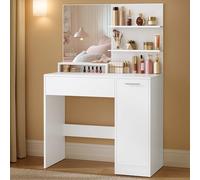 VASAGLE Tocador con Espejo, 1 Cajón, Gabinete | 2 Estantes Ajustables, 2 Estantes Abiertos, Estilo Moderno, Blanco Nube, Custos Colección RDT119W01