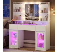 VASAGLE Tocador con Espejo, Luces RGB, Enchufes, Armarios Laterales | Mesa de Maquillaje, Armarios Laterales, Moderno, Blanco Nube, Kailyn Colección RDT145WB01