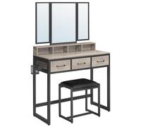 VASAGLE tocador con Espejo Plegable de 3 Piezas, Soporte para secador de Pelo, Mesa cosmética con Taburete Acolchado, 3 cajones, diseño Industrial, Greige y Negro RVT004B02