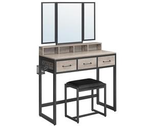 VASAGLE tocador con Espejo Plegable de 3 Piezas, Soporte para secador de Pelo, Mesa cosmética con Taburete Acolchado, 3 cajones, diseño Industrial, Greige y Negro RVT004B02