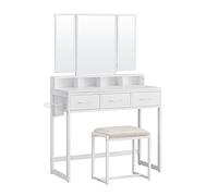 VASAGLE Tocador con Espejo y Taburete, Juego de Mesa de Maquillaje con Espejo Triple, 3 Cajones, Soporte para Secador, Escritorio de Maquillaje, Estilo Industrial, Blanco RVT004W14