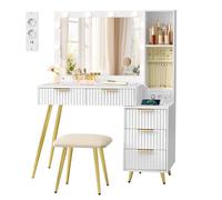 VASAGLE Tocador con Espejo y Taburete, Mesa de Maquillaje con Cajones, Lupa de 10x, Iluminación LED, Bandeja para Joyas, Enchufe Múltiple, 40 x 110 x 135 cm, Blanco Nube RVT020WB01