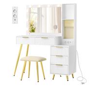 VASAGLE Tocador con Espejo y Taburete, Mesa de Maquillaje con Cajones, Lupa de 10x, Iluminación LED, Bandeja para Joyas, Enchufe Múltiple, 40 x 110 x 135 cm, Blanco Nube, Regalo de Navidad Blanco Nube