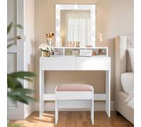 VASAGLE Tocador con Iluminación LED, Taburete de Maquillaje, 2 Cajones | 3 Compartimentos Abiertos, de Terciopelo, para Dormitorio, Blanco, Blanco Mate y Rosa Jalea