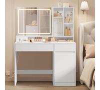 VASAGLE Tocador con Luces LED, Regleta de Enchufes, Cajones, Joyero | 6 Compartimentos Abiertos, Ancho de 110 cm, para Dormitorios, Blanco Nube, Colección KAILYN RDT634W01
