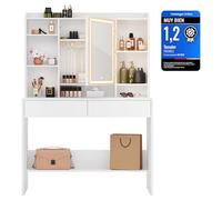 VASAGLE Tocador con Luces LED, Regleta, Espejo, 2 Cajones | Mesa de Maquillaje, 3 Colores con Brillo Ajustable, Estantes Ajustables, Estilo Moderno, Blanco, Colección KAILYN RDT123T14