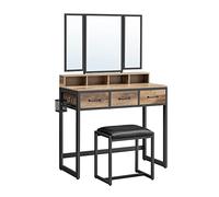 VASAGLE Tocador con Taburete Acolchado, tocador con Espejo Triple, 3 cajones, Soporte para secador de Pelo, Estilo cosmético, Industrial, marrón Roble/Negro RVT004B50