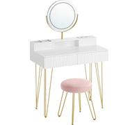 VASAGLE Tocador con taburete de color blanco mate y dorado pálido