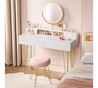 VASAGLE Tocador con Taburete e Iluminación, Regleta de Enchufes, Espejo Giratorio, 40 x 100 x 134,8 cm, Taburete Tapizado, Blanco Mate y Dorado Pálido RVT619W01